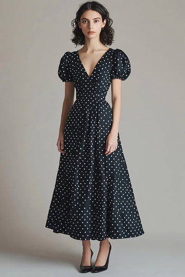 A Line Black White Polka Dot Casual Dress wiht Puff Sleeves
